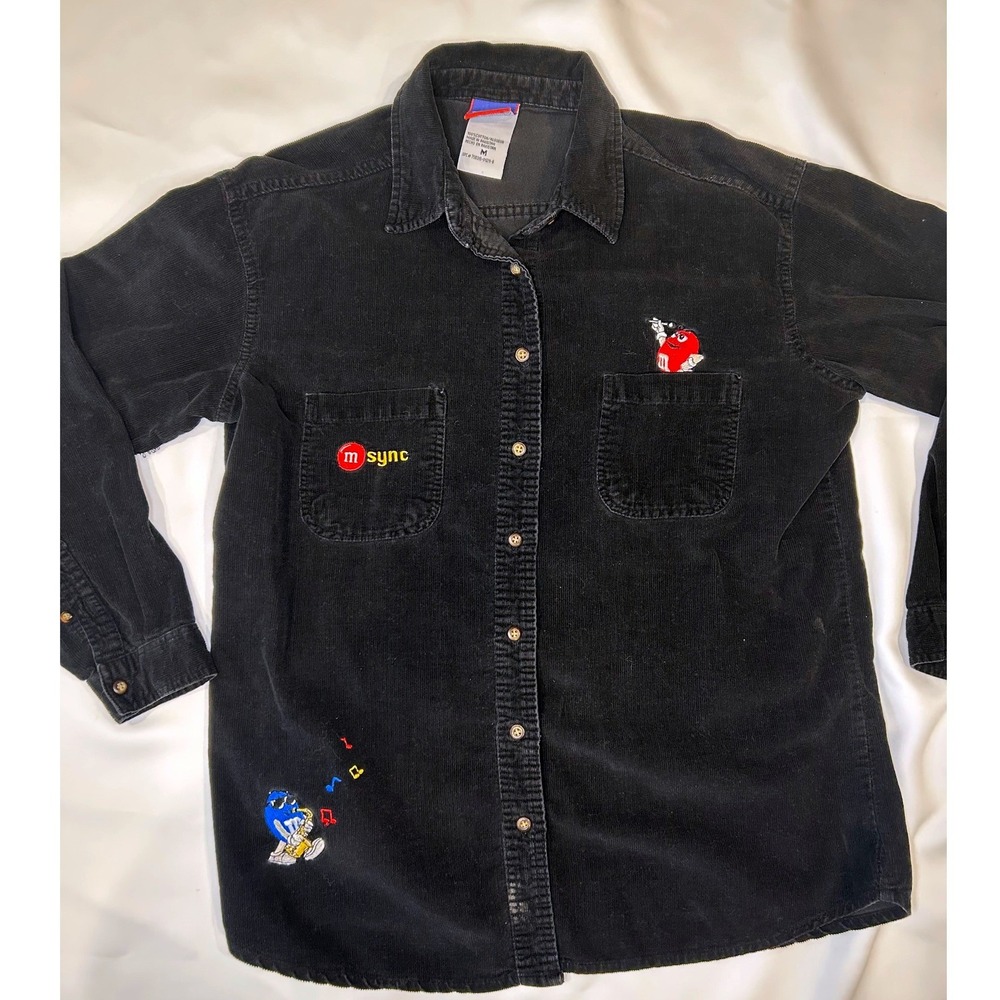 M&M's Brand Corduroy Button Up Men M Black Good‎ Embroidered Characters m sync